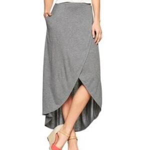 GAP Women’s Gray Tulip Midi Skirt High Low Faux Wrap Jersey Rayon Viscose XS NWT